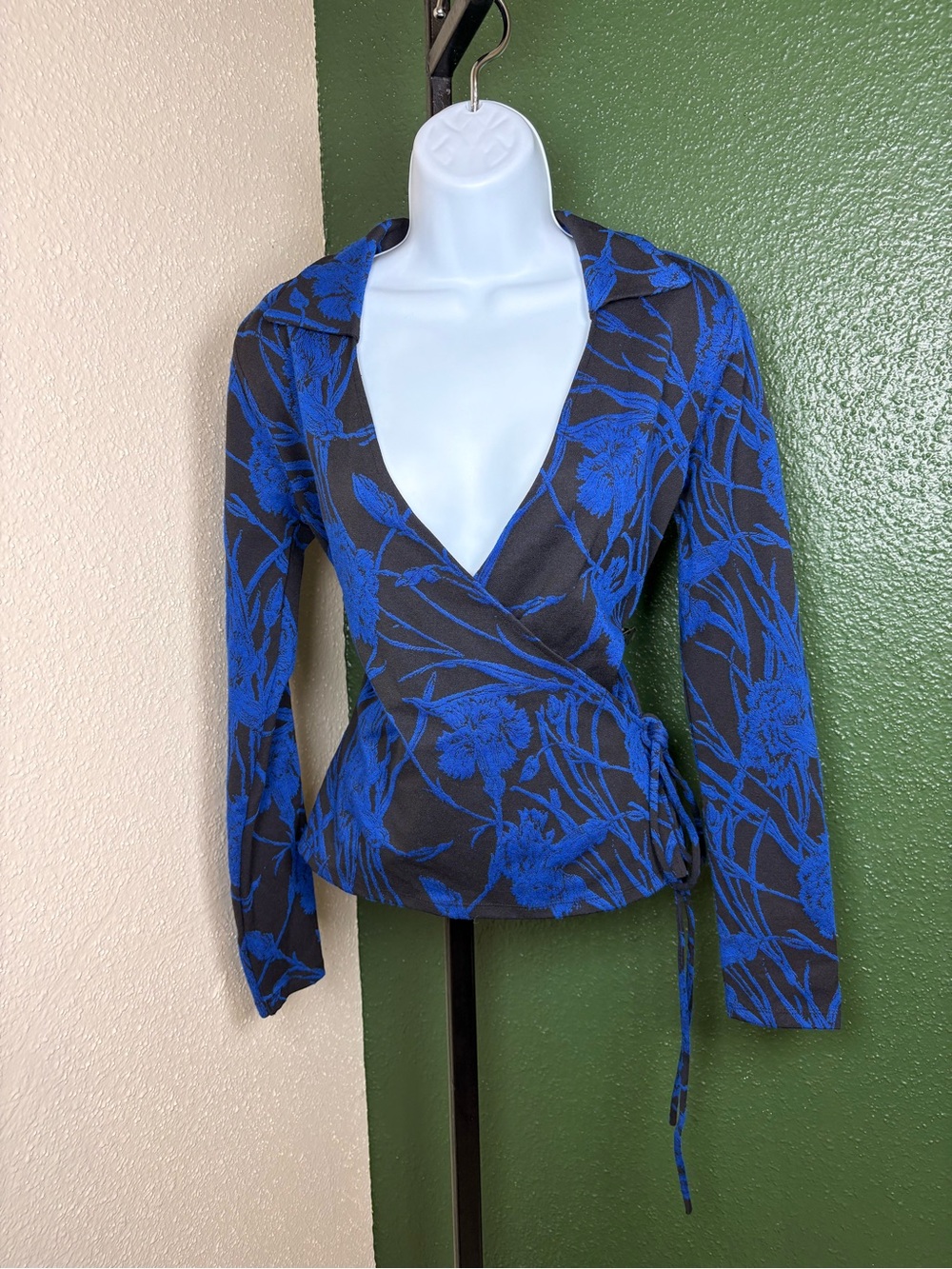 Zara Black Wrap Blouse with Blue Floral Print